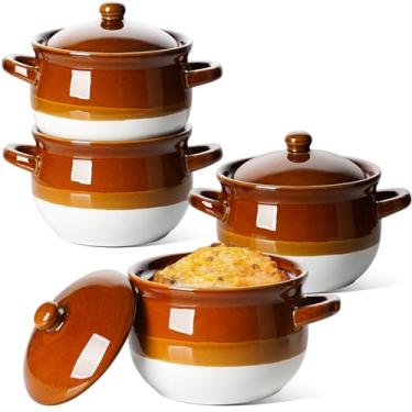 Imagem de LE TAUCI French Onion Soup Bowls with Lid, 22 Oz French Onion Soup Crocks Oven Safe Ceramic Soup Bowls with Handles for Soup, Chili, Beef Stew, Cereal, Pot Pies, Set of 4