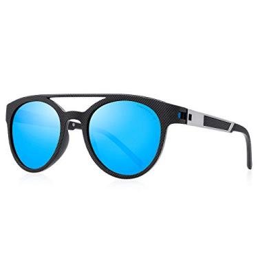 Imagem de MERRY'S Óculos de sol polarizados masculinos leves TR90 armação dupla ponte redonda, Armação preta/lente espelhada azul, Free