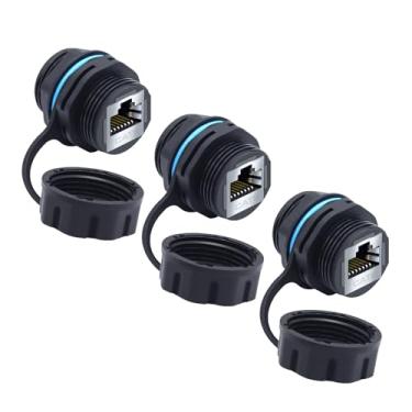 Imagem de YIOVVOM Conector RJ45 CAT6 à prova d'água blindado de montagem em painel Cat5/5e/6 fêmea para fêmea 8P8C Ethernet LAN adaptador de cabeça dupla com tampa à prova d'água/poeira 3 peças