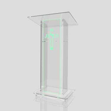 Imagem de Púlpito em Acrílico para Igreja e/ou Eventos com Gravação e Led grátis Mod. Lucas, Transparente (Tradicional, Moderna ou Sem Gravação) Cores em Led (Grav. "Jesus" Moderno, LED VERDE)