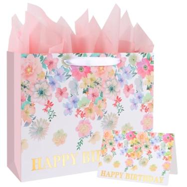 Imagem de ASYEHJNR Saco grande de presente de feliz aniversário de 33 cm, estampa floral com sinal de feliz aniversário dourado metálico, bolsa de presente vintage com cartão de felicitações e papel de seda