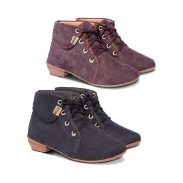 Imagem de Kit 2 Pares Bota Coturno Liso Feminino Cano Curto Salto Baixo - Leila 