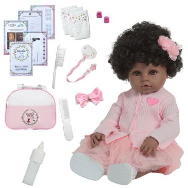 Imagem de Bebê Reborn Menina Negra Cabelo Cacheado Bolsa 20 Itens - Cegonha Rebo