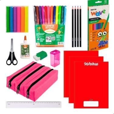 Imagem de Kit Material Escolar Infantil Caderno Brochura Estojo Triplo Rosa Mais