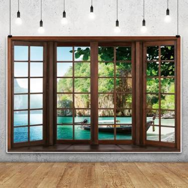 Imagem de Leowefowa Cenários de janela de madeira de primavera, 3 x 2,4 m, vinil, verde, montanha, lago, folhas, barco, fotografia natural, decoração de parede, interior, casamento, vídeo, cenário, estúdio,