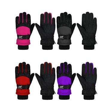 Imagem de Hicarer 4 pares de luvas de inverno para crianças, à prova d'água, para esqui na neve, roupas de camuflagem unissex quentes para clima frio, meninas, meninos e crianças, vermelho, roxo, cinza, rosa