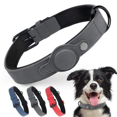 Imagem de PetiFine Coleira para cães AirTag, coleira de couro com suporte para airtag, coleira para cães Apple Air Tag acolchoada macia com fivela de metal ajustável à prova de ferrugem para cães pequenos,