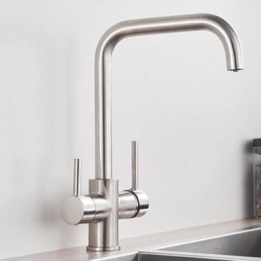 Imagem de Torneira de cozinha de água purificada de níquel escovado com duas alças e torneira misturadora quente e fria, torneira de filtro de água pura de latão cromado, níquel escovado