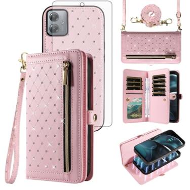 Imagem de Asuwish Capa de celular para Motorola Moto G14 com zíper carteira magnética destacável com protetor de tela de vidro temperado, alça transversal com glitter, flip com glitter, suporte para cartão de