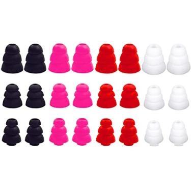 Imagem de JNSA Pontas de substituição para fone de ouvido com 3 flanges com flange tripla, compatível com a maioria dos fones de ouvido de diâmetro de 4 mm - 5 mm, P/M/G, 12 pares, pacote com 4 cores 3F4C