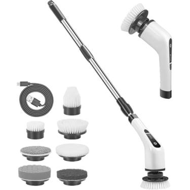 Imagem de Sokoweii Esfregão giratório elétrico 7 em 1, escova de limpeza sem fio para banheiro com alça de extensão, adequada para limpeza de chuveiro, azulejo, piso - preto