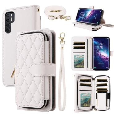 Imagem de Dswteny Argyle Capa carteira para TCL 20 Pro 5G com alça de pulso, alça de ombro, zíper de couro PU, suporte para cartão de crédito, acessórios, capa de celular para TCL20Pro G5 TLC 20Pro5G mulheres