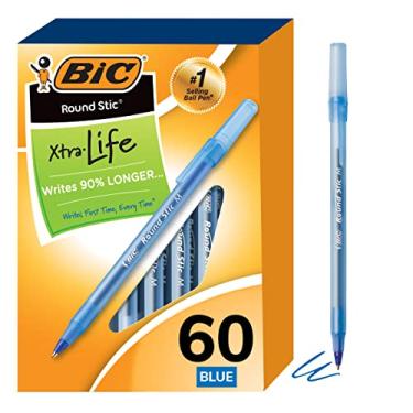 Imagem de BIC Caneta esferográfica redonda Stic Xtra Life, ponta média (1,0 mm), azul, tubo redondo flexível para escrever conforto (pacote com 9, 540 unidades no total)