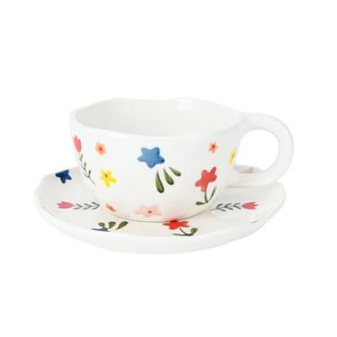 Imagem de Koythin Caneca de café de cerâmica com pires, canecas de flores feitas à mão, copo bonito para meninas e mulheres, xícara de chá de leite estética com alça, 250 ml para latte, cacau, escritório, casa