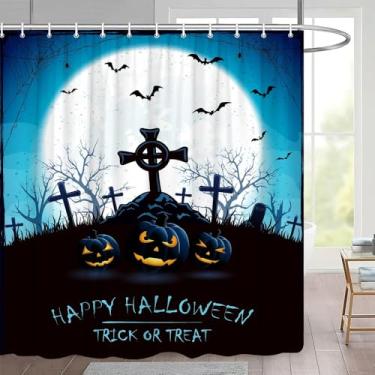 Imagem de Conjunto de cortinas de chuveiro de Halloween, cenas de abóbora, decoração de banheiro de feriado, cortinas de banho de tecido, 5548W, 210 x 180 cm, 83 x 70 pol.