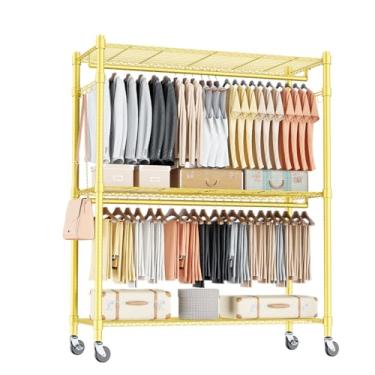 Imagem de Homdox Rack de roupas com rodinhas com prateleiras de armazenamento de arame ajustáveis, armário portátil resistente para pendurar roupas, armário autônomo, guarda-roupa, suporte de metal, dourado