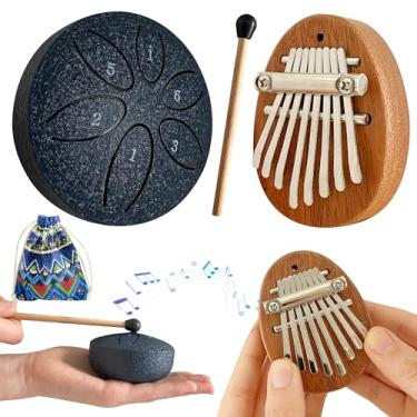 Imagem de Jongdari Mini bateria de chuva e piano de polegar Kalimba, 2 peças de mini instrumentos musicais 8 teclas requintado dedo polegar piano e 7,6 cm 6 notas metal aço língua tambor para iniciantes adultos