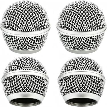 Imagem de 4 grades de substituição para microfones Shure com e sem fio SM58, Beta58A, SV100, esfera de grade de microfone com espuma interna, cabeça de grade de microfone de malha de aço - prata