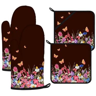 Imagem de Conjuntos de luvas de forno e suportes de panela Wildflowers, 4 peças, luvas de forno extralongas para cozinha, cozinhar, assar, churrasco, 100% algodão, resistente ao calor