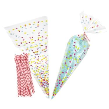 Imagem de EKAPACKAGING 50 peças 16,3 x 11,8 polegadas com estampa em formato de cone, sacos de celofane, laço torcido, triângulo, lembrancinha de festa de Natal, sacos de algodão doce com laços para pipoca,