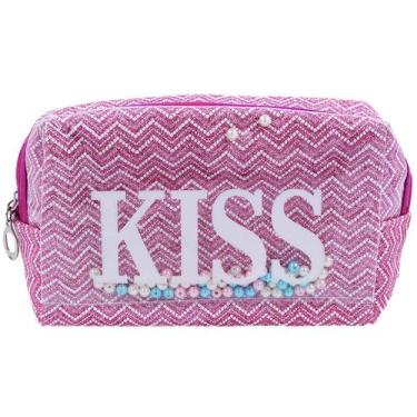 Imagem de Necessaire com alça holográfica e estampa Kiss com miçangas 17,5x9,5x7