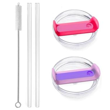 Imagem de 2 peças de tampa de copo para acessórios de copo Stanley, tampa de copo de substituição de 1,134 g, 2 canudos reutilizáveis extra longos e 1 escova de limpeza (roxo, rosa choque)