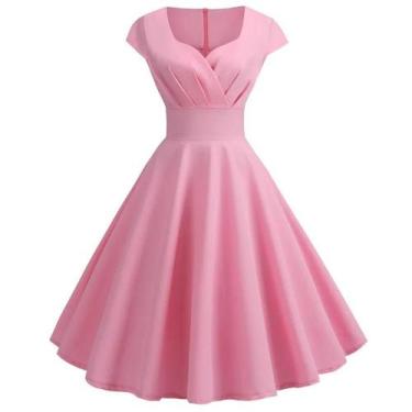 Imagem de Vestido Midi Rosa Vintage - Decote V - Estilo Elegante Retrô para Fest