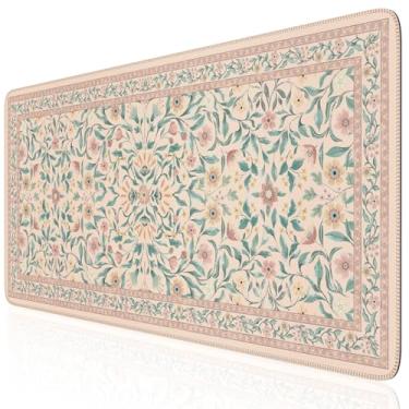 Imagem de iLeadon Tapete de mesa para teclado e mouse, mouse pads fofos para computador, mousepad floral antiderrapante para jogos 90 x 40 cm, tapete de mesa rosa com bordas costuradas para escritório em casa