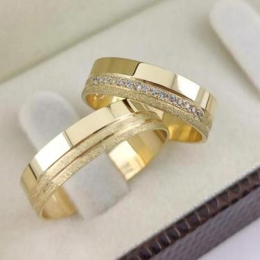 Imagem de Par de Alianças Ouro 18k Casamento Noivado Pedra Cravejada 5mm 14g - s