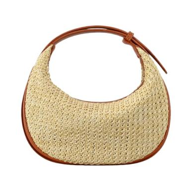 Imagem de OWGSEE Bolsa de palha bolsa transversal de palha de verão bolsa de praia de rattan de ráfia bolsa de ombro nas axilas com alças ajustáveis, Caqui