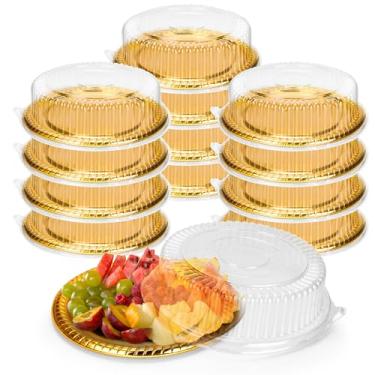 Imagem de YEUIKERR 12 bandejas de plástico para servir com tampa, travessas de festa de plástico resistente com tampas transparentes, bandejas redondas de catering com tampas para servir aperitivos, comida para