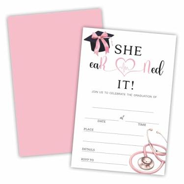 Imagem de Convites de festa de formatura da escola de enfermagem - She Earned It - 20 convites com envelopes, cartões de convite de preenchimento dupla face para faculdade, ensino médio, universidade -
