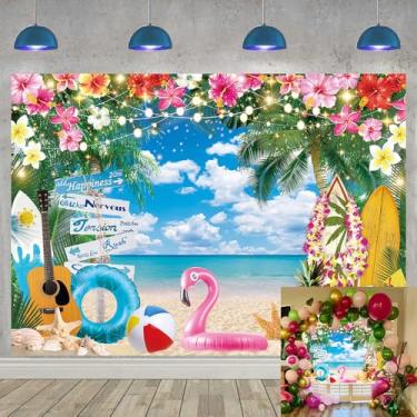 Imagem de Cenário de praia havaiana de verão Aloha Flores Tropicais Palmeiras Fundo Fotográfico Céu Azul Oceano Prancha de Surf Flamingo Banner para Luau Festas de Aniversário Decoração Suprimentos (20 x 1,8 m: