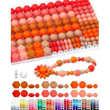 Imagem de 172 peças de contas de silicone FIVEIZERO para fabricação de chaveiros, kit de 6 contas focais de silicone de cores mistas, contas hexagonais redondas de lentilha de 9 mm e 15 mm e contas espaçadoras
