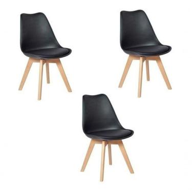 Imagem de Kit 3 Cadeiras Leda Eames Saarinen Wood Com Almofada Preta - DECORESHO