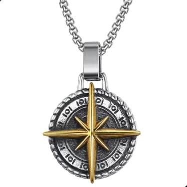 Imagem de Colar Cordão Pingente Bússola Aço Inox Legítimo Corrente Amuleto Martelo Viking Thor Rosa dos Ventos Masculino Feminino (Dourado, 60cm)