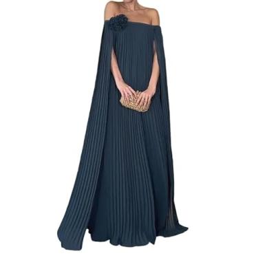 Imagem de UOOZEE Vestido maxi feminino plissado com ombros de fora, evasê, para casamento, coquetel, festa, vestido de noite longo, Azul, verde, P