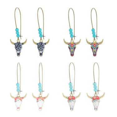 Imagem de coadipress 4 pares de brincos de cabeça de gado boêmio para mulheres, moderno, colorido, esmaltado, animal, touro, vaca, cabeça de rebanho, flores, pingentes, vintage, joias étnicas ocidentais, Medium