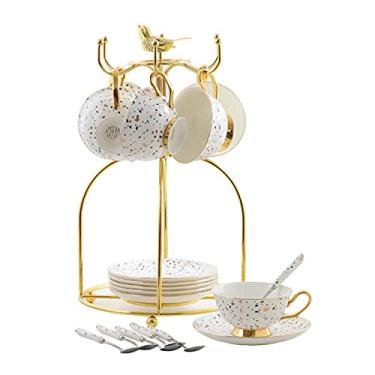 Imagem de AKALNNB Conjunto de xícaras de café e pires de café expresso com pontos coloridos, xícaras de café de cerâmica com suporte organizador de metal