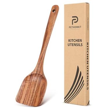 Imagem de Utensílio de cozinha de teca, espátula de madeira para cozinhar, espátula de madeira grande, espátula de wok de teca plana de cabo longo, virador de flipper para ovo, panqueca, servir, assar, fritar,