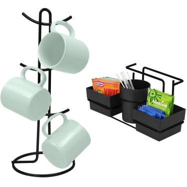 Imagem de Kit Porta Sachê Suporte Organizador Porta Xícaras Café Bancada Cozinha Preto Fosco - Future