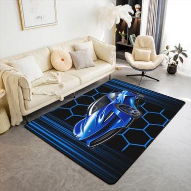 Imagem de Tapete decorativo de carro de corrida azul 5x6'6'' (150 cm x 200 cm x 1 cm), tapete interno geométrico de favo de mel para sala de jogos, cabeceira sofá, quarto, tema de esportes radicais, tapete sem