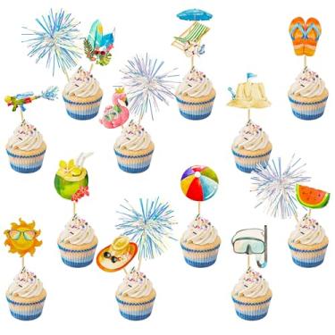 Imagem de 44Pcs Summer Beach Pool Cupcake Toppers Sun Flower Watermelon Water Gun Coconut Slippers Cupcake Picks Baby Shower Hawaii Beach Pool Theme Birthday Party Cake Decorations Supplies…