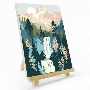 Imagem de JOOZ Kit de pintura de montanha por números para adultos com moldura, pintura de cachoeira de montanha por número com cavalete, kit de pintura a óleo de paisagem acrílica fácil DIY tela emoldurada