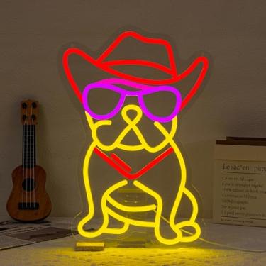 Imagem de WLDGGM Placa De Neon Buldogue Francês, Chapéu Cowboy, Luz Para Decoração Parede, Cachorro, Óculos Sol, Luzes Coloridas, Quarto Infantil, Pet Shop