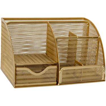 Imagem de Martha Stewart Ryder Gold Mesh Metal pequeno organizador de mesa para acessórios de escritório, cadernos, porta-canetas e gaveta