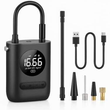 Imagem de Compressor de ar portátil mini com inflador de pneu, bateria recarregável de 4000 mAh, bomba sem fio 150 PSI, luz de emergência LED e calibrador para carro, bicicleta, motocicleta e bola