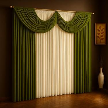 Imagem de Cortina Paris Com Bandô Para Sala, Quarto 3,00 m x 2,70 m Malha Gel (Oliva com Palha)