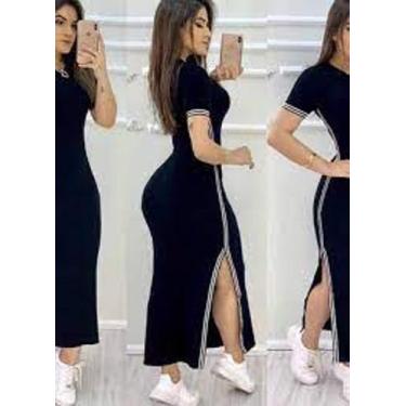 Imagem de Vestido feminino longo manga curta gola rasa listras na lateral malha 