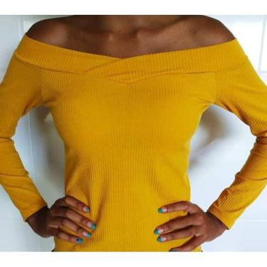 Imagem de blusa feminina ombro a ombro manga longa malha canelada tendência esti